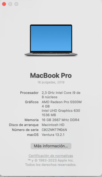 Apple MacBook Pro Intel Core i9 Space Grey 16.18 Core 2,3 Ghz MacBookPro16,1